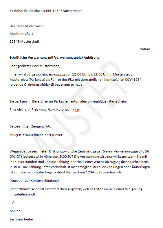 Muster: Verwarnung mit Verwarnungsgeld
