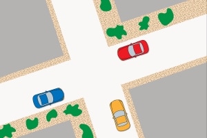 "Rechts vor links" an einer Kreuzung: Rot darf zuerst fahren.