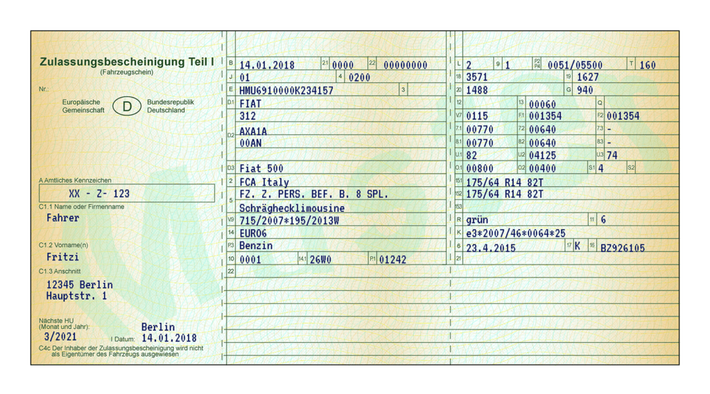 Zur Veranschaulichung stellen wir Ihnen dieses Muster zum Fahrzeugschein zur Verfügung.