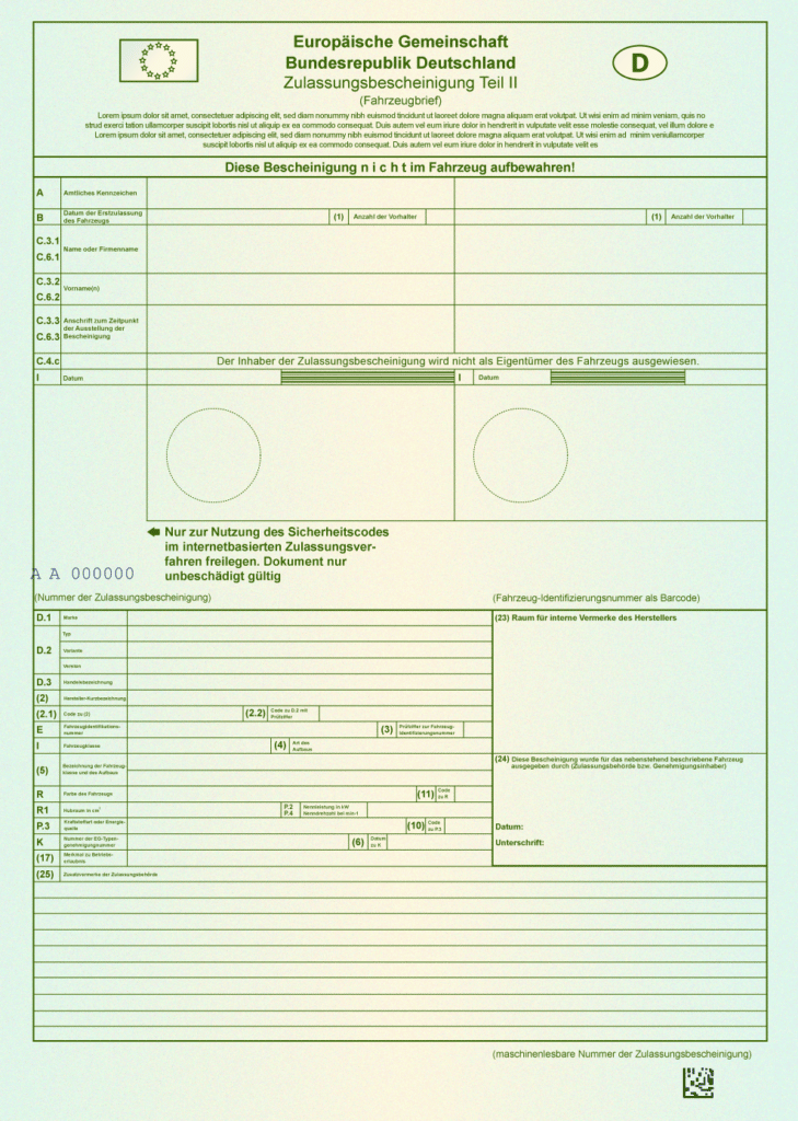 So sieht ein Muster vom Fahrzeugbrief aus.